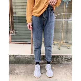 高腰牛仔裤女韩g版宽松2021冬季新款显瘦显高加绒直筒老爹裤子九