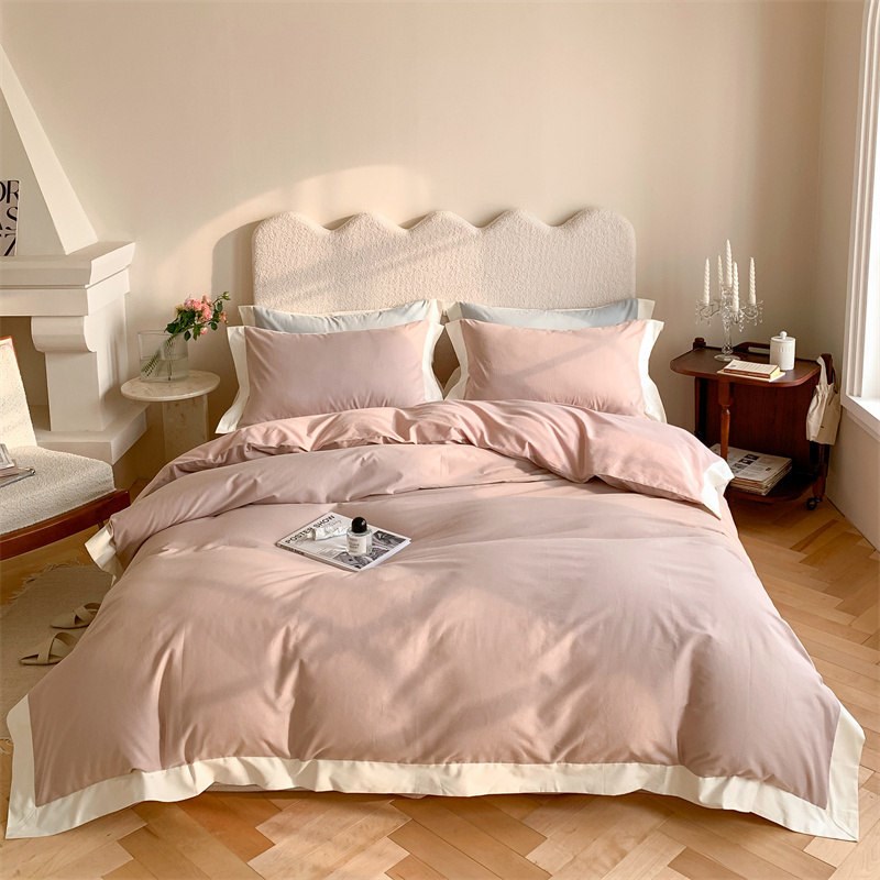 秋冬纯色100支全棉磨毛四件套简约双层贴边加厚纯棉被套床上用品