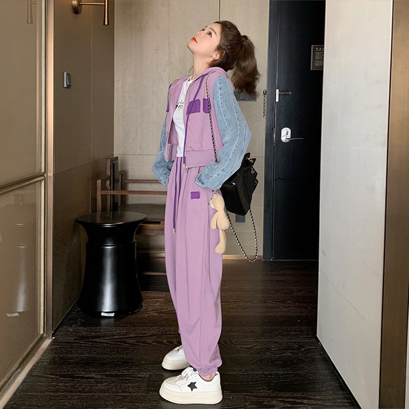 今年流行牛仔拼接紫色卫衣套装女春秋季小个N子高级感超好看两件