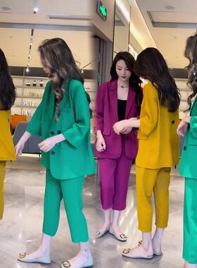网红爆款时尚套装女2022年夏季新款设计感显瘦职业西服+哈伦裤潮