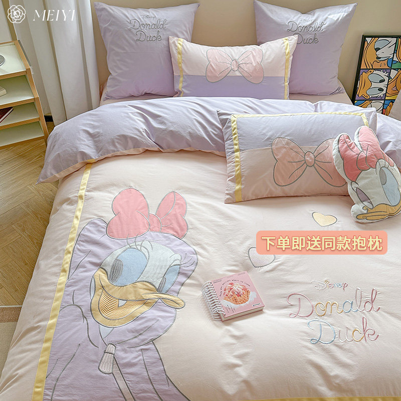卡通送抱枕水洗棉四件套纯棉儿童款超柔裸睡床Q单被套可爱床上用