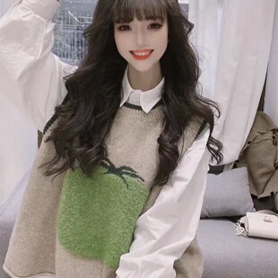 韩系粉色花朵宽松无袖针织衫坎肩马甲背心I女2022春款套头宽松毛