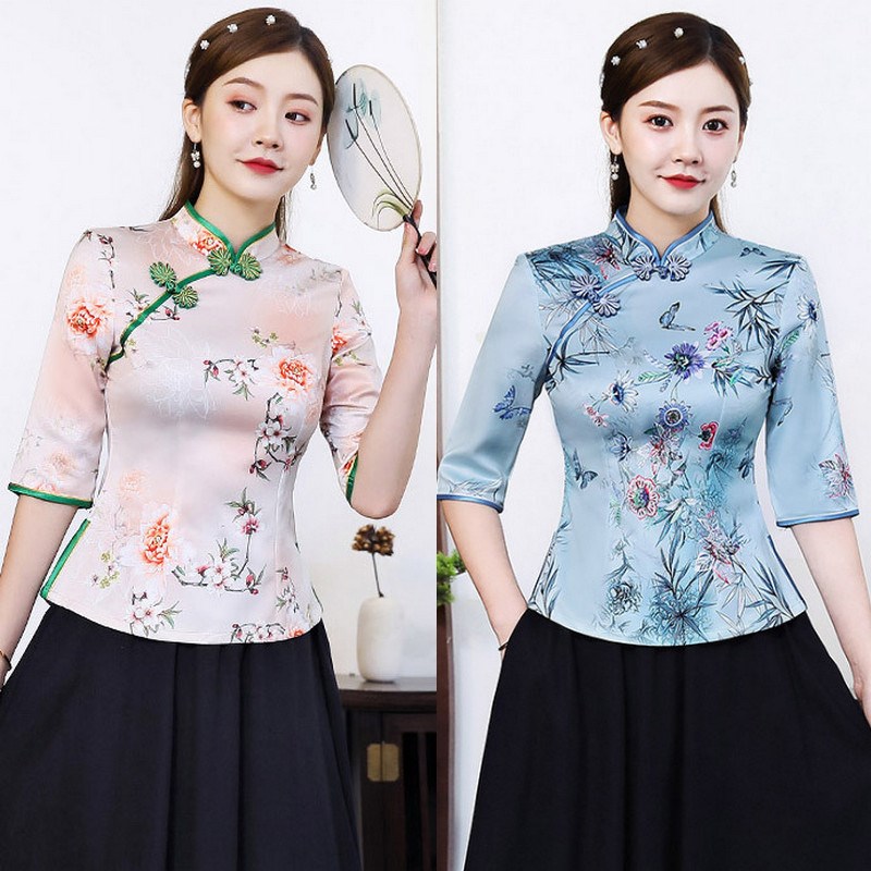 改良旗袍上衣女夏短款修身复古中国风唐装民国风女U装套装茶艺服