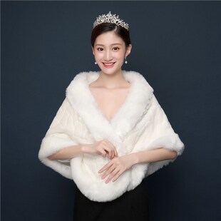 新款秋冬白色加绒加厚保暖披肩新娘结婚礼服旗袍保暖韩版外套女批