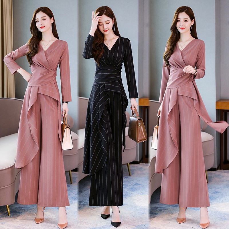 2020春季新款时尚条纹t拼接套装韩版修身收腰上衣高腰阔腿裤两件