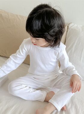 极简风~儿童纯白色长袖长裤打底内衣套装男童秋衣秋裤女童家居服