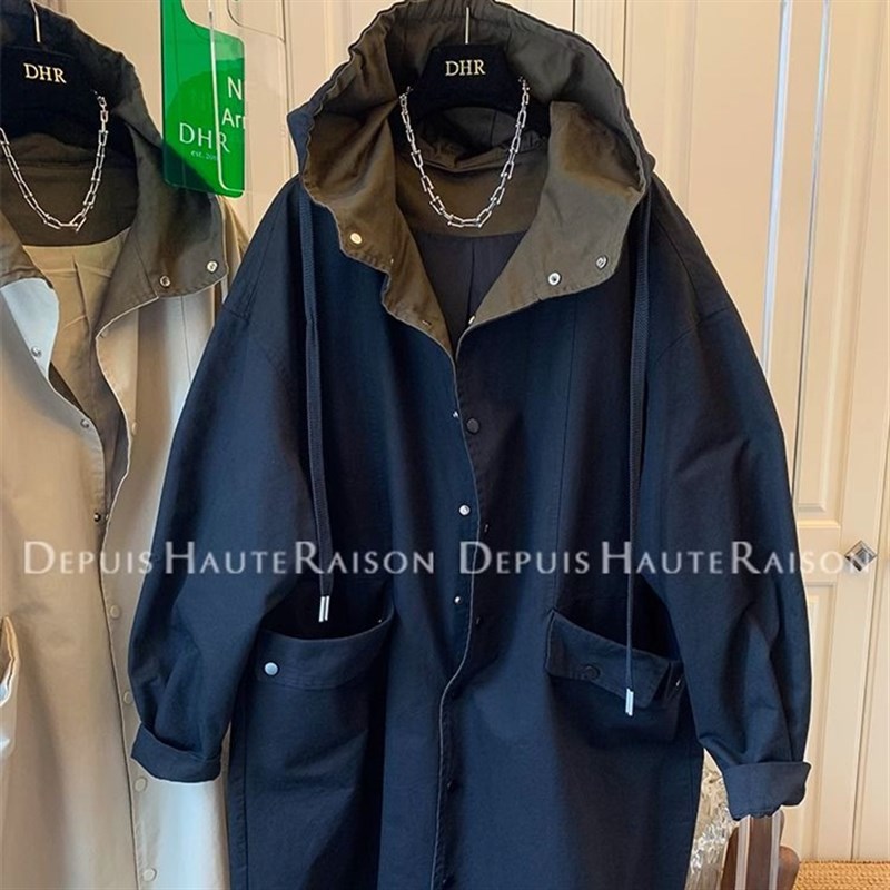 加大码300斤复古老钱风连帽风衣男女春秋季欧货中长款冲锋衣外套