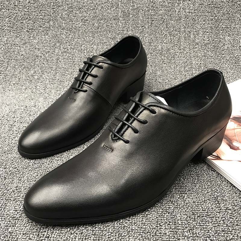 工厂 潮流韩版系带光面头层牛皮高跟男鞋尖头皮鞋正装皮鞋