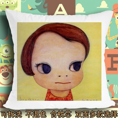 奈良美智黑童话小女孩黑色童话怪诞猎奇座垫坐垫抱枕头毛绒靠垫子
