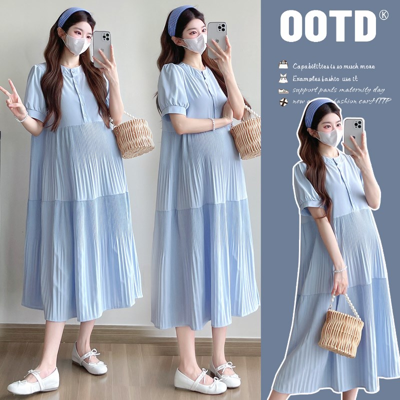 孕妇装连衣裙2025夏季新款宽松显瘦压褶可开扣哺乳裙子中长款过膝