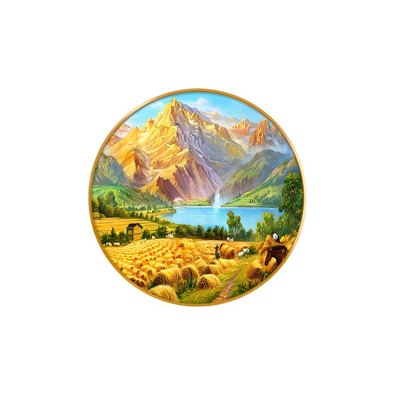 金山丰收手绘油画入户玄关柜装饰画现代轻奢走廊过道餐厅圆形挂画图片