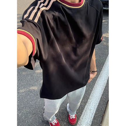 稻风/Caim美式高街复古潮牌条纹短袖T恤男款夏季重磅纯棉黑色宽松