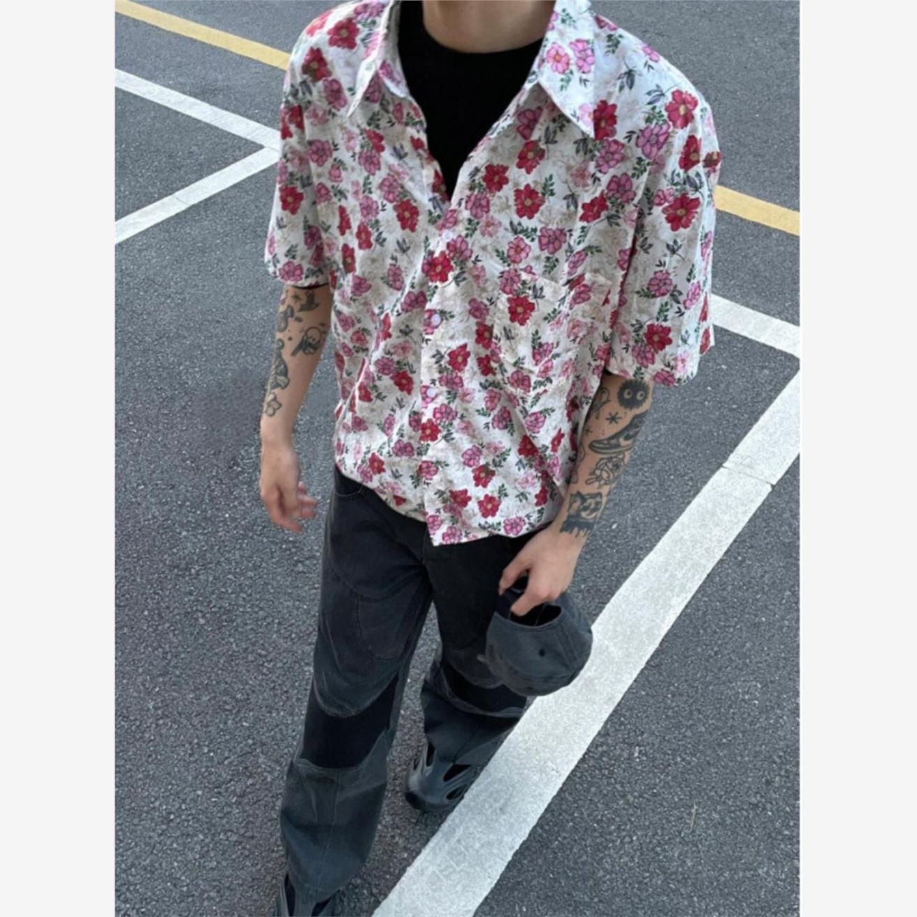 稻风/Caimcleanfit冰丝花衬衫男款夏季高级感痞帅短袖衬衣古着vin