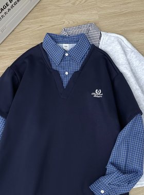 学院风假两件格子拼接长袖T恤男女宽松休闲潮牌撞色长袖上衣男