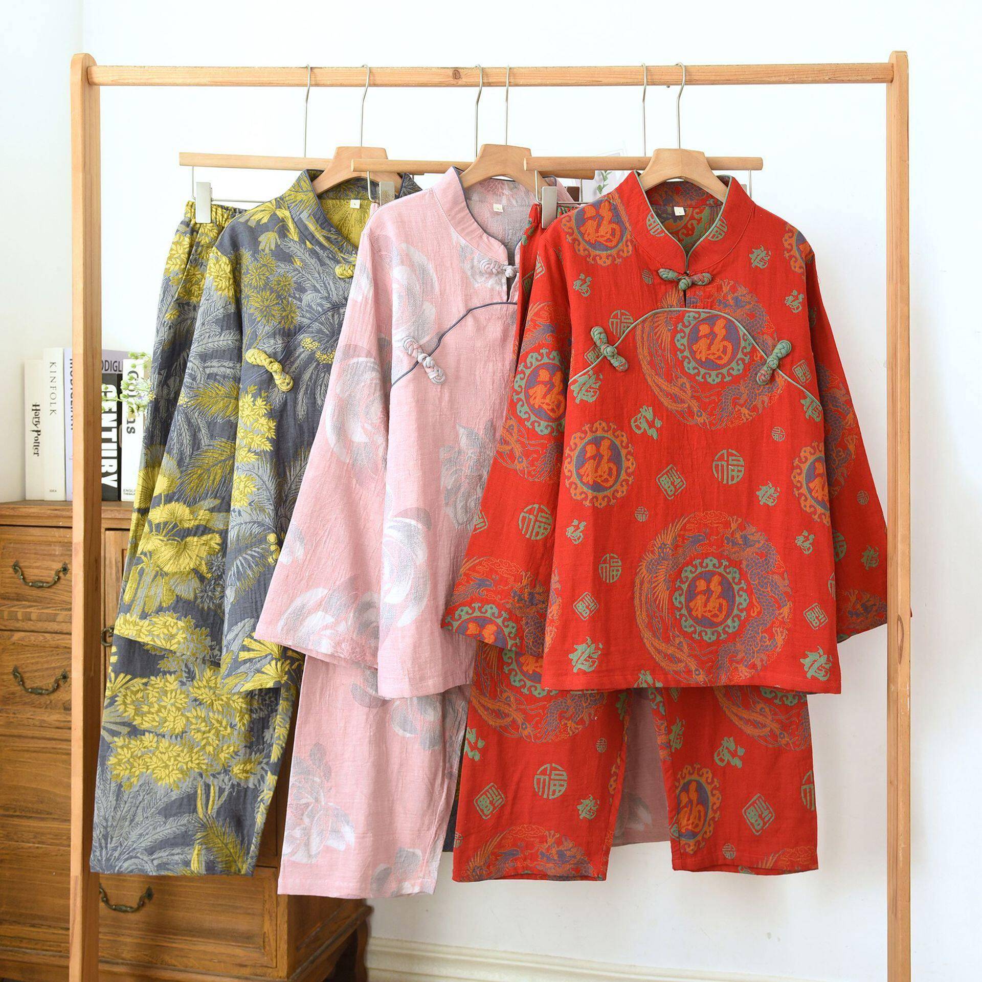 四季薄款女纯棉色织双层纱家居服双面提花立领琵琶扣长袖长裤中式