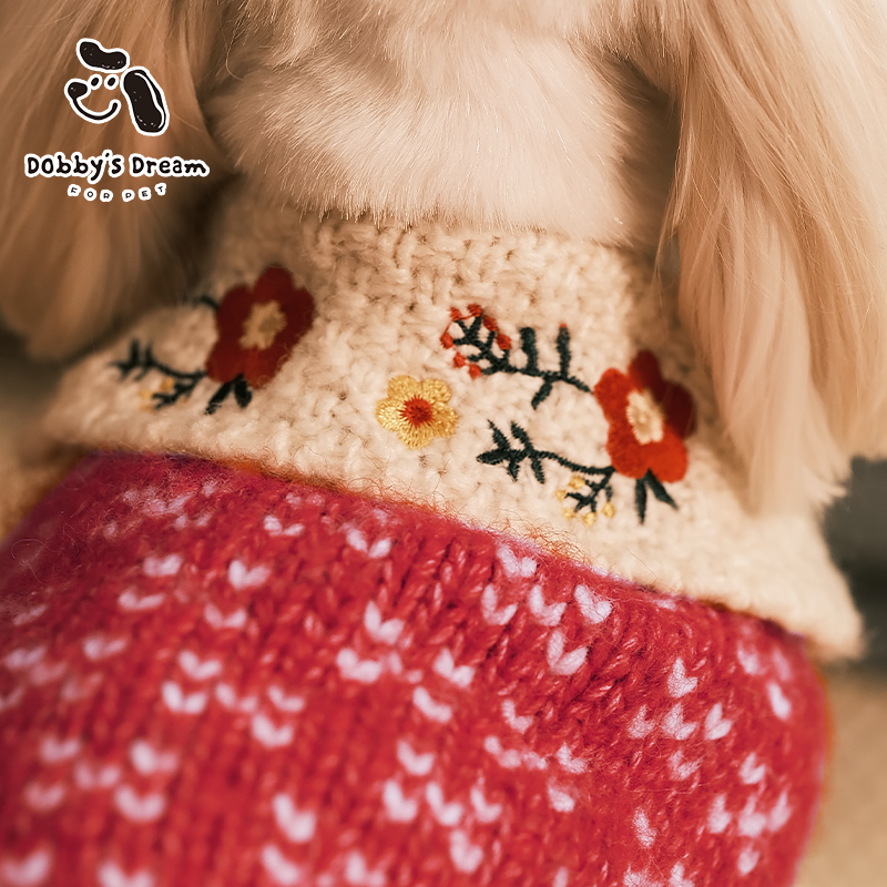 宠物冬季狗狗猫咪新年刺绣超厚保暖毛衣开衫小型犬中型犬
