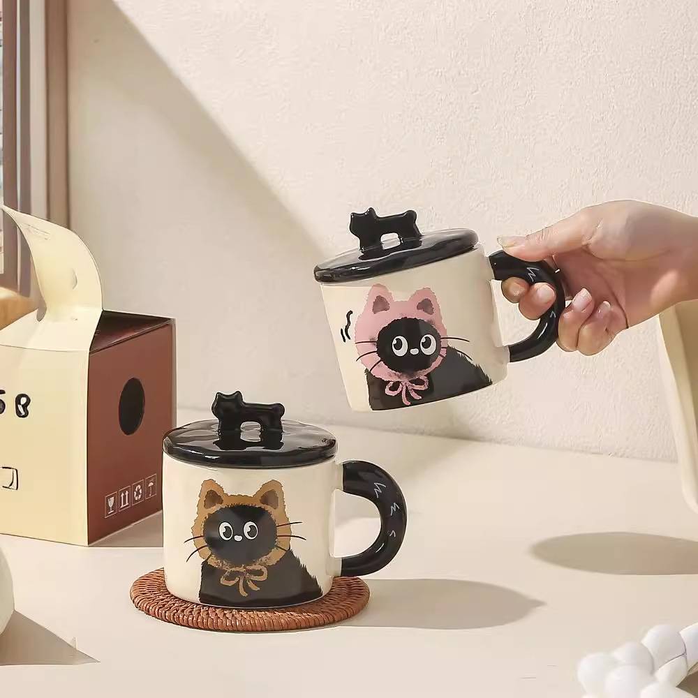 可爱猫咪陶瓷马克杯实用送闺蜜礼物家用喝水杯子办公室咖啡杯带盖