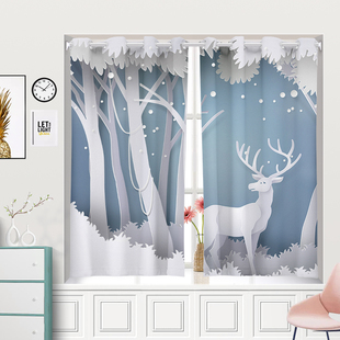 简易小飘窗帘遮光卧室免打孔安装窗帘半帘短帘短窗免安装伸缩杆布