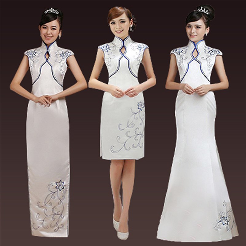 白色青花瓷礼仪旗袍2024新品演出服长款走秀迎宾酒店舞台合唱旗袍