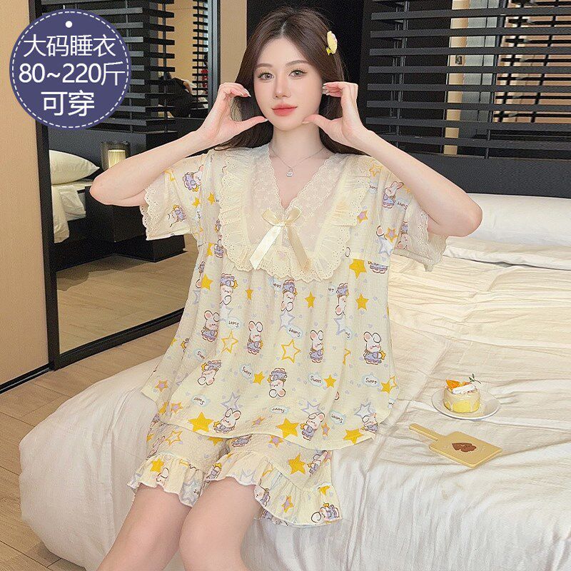 睡衣女款夏季纯棉短袖短裤套装黑色帕恰狗公主风加肥加大码家居服