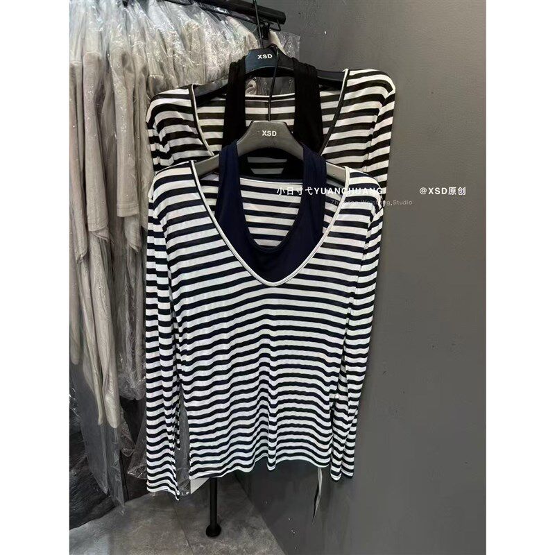 假两件条纹长袖V领t恤女款2025夏季薄款修身显瘦打底防晒减龄上衣