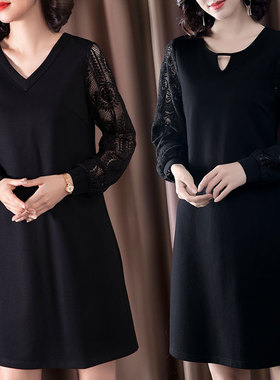 大码女装2021年秋冬新款胖mmV领蕾丝拼接连衣裙显瘦胖妹妹直筒裙