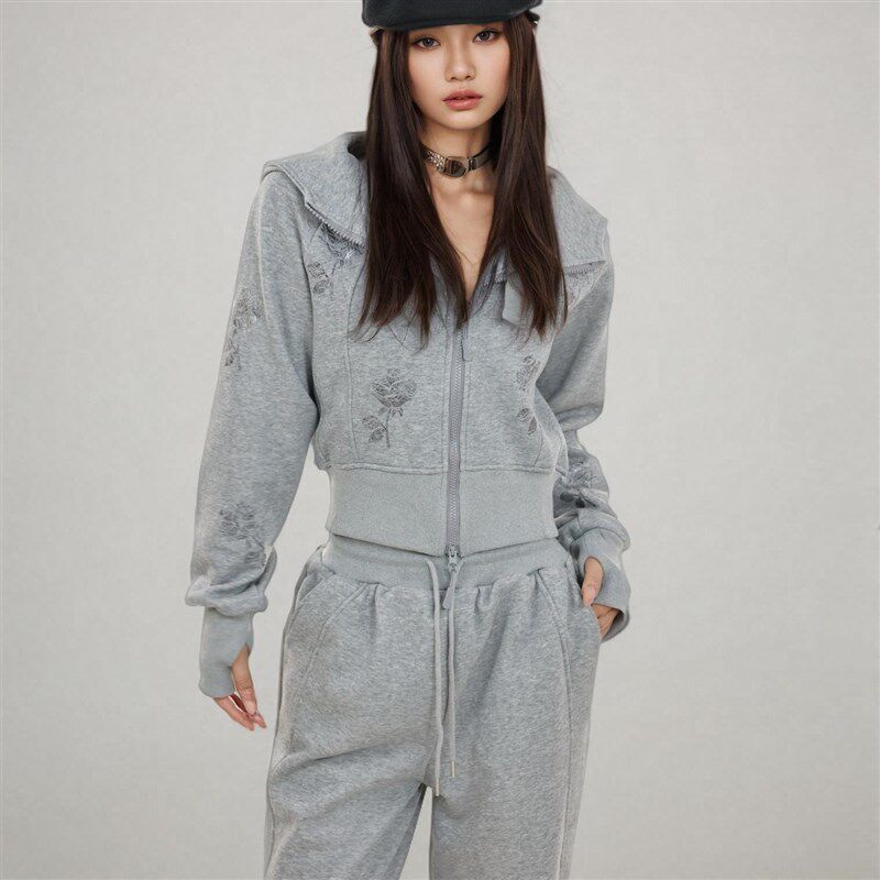 BW2024冬玫瑰涂鸦印花百搭加厚加绒连帽休闲运动卫衣套装灰色