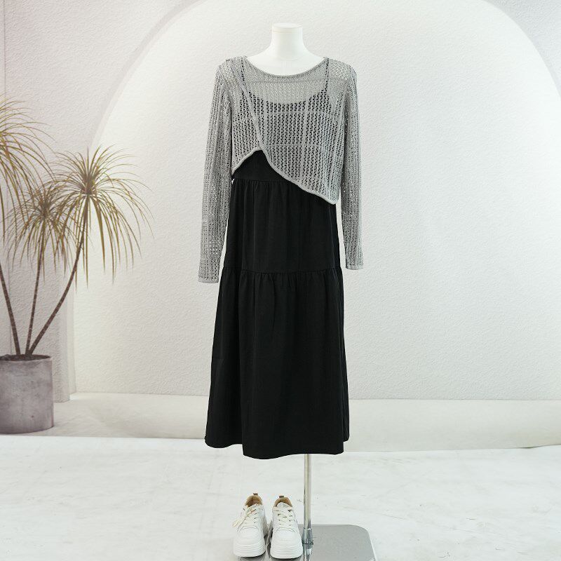 镂空针织吊带连衣裙两件套时尚显瘦气质小个子套装裙镂空罩衫春秋