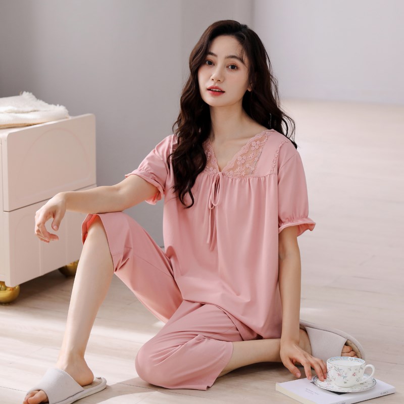 睡衣女夏季纯棉短袖七分裤薄款公主风女款2K025新款夏款V领家居服