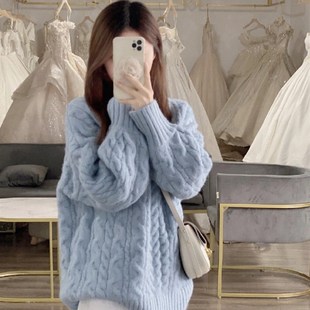 2023新款v领奶蓝色软糯麻花毛衣女秋冬内搭慵懒风高级感宽松加厚
