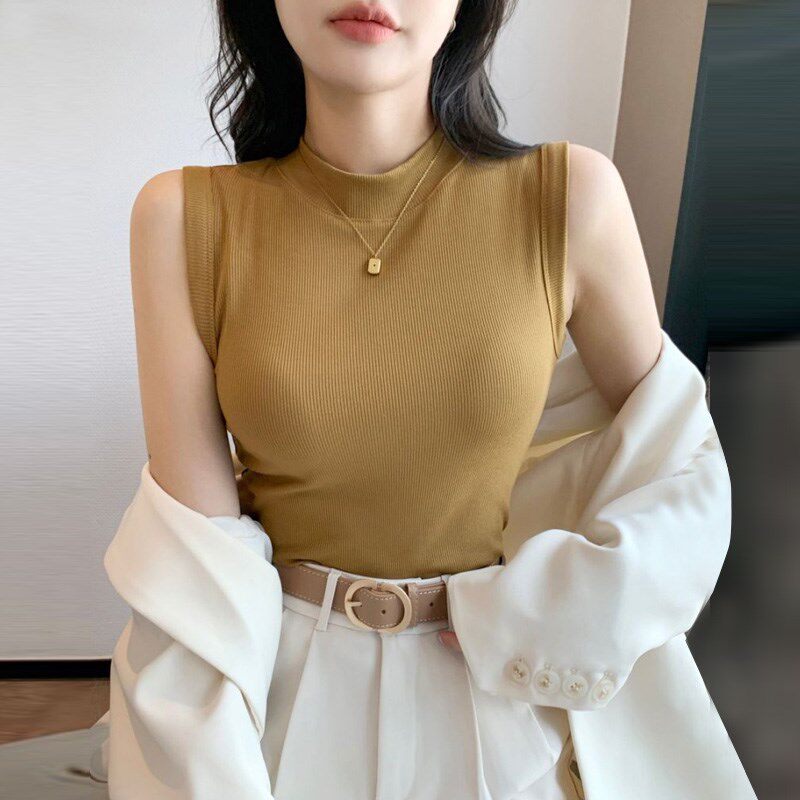 姜黄色短款小背心女外穿半高领螺纹内搭打底无袖t恤心机上衣坎肩