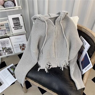 灰色高级感短款连帽毛衣外套女秋装新款女装破洞双拉链针织开衫冬
