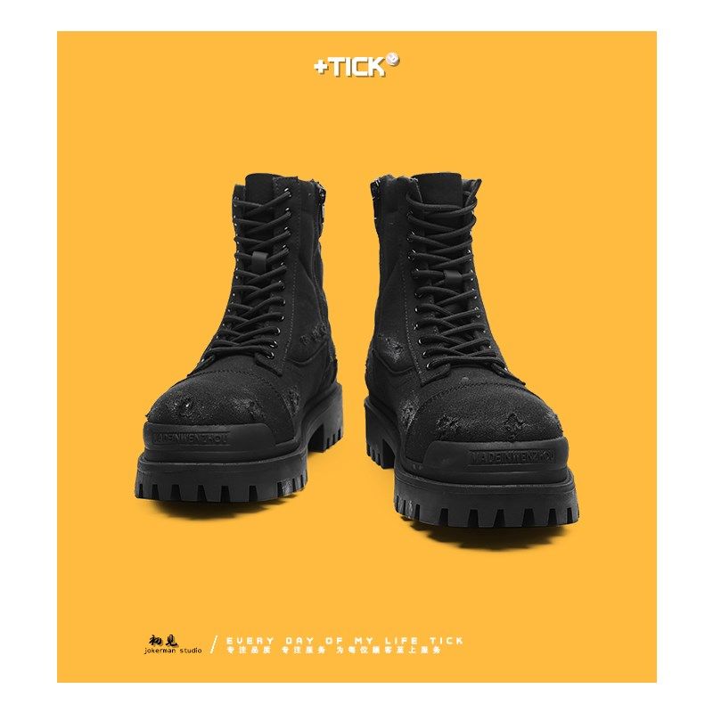 牛仔破坏废土风马丁靴男士高帮休闲沙漠帆布机车靴厚底工装靴子潮