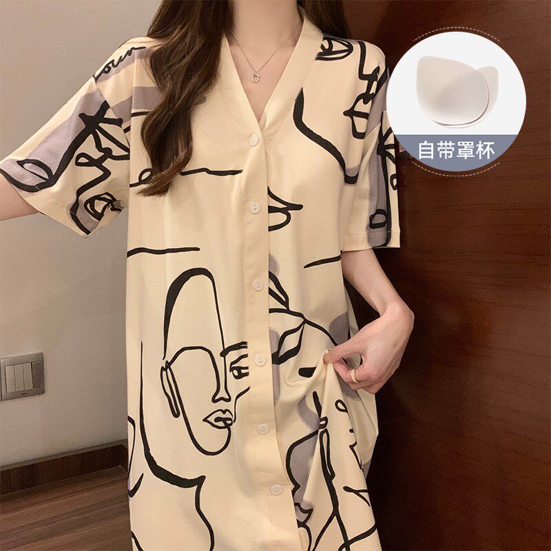 睡衣女款带胸垫夏季纯棉r复古高级感慵懒风开衫连衣睡裙女士家居