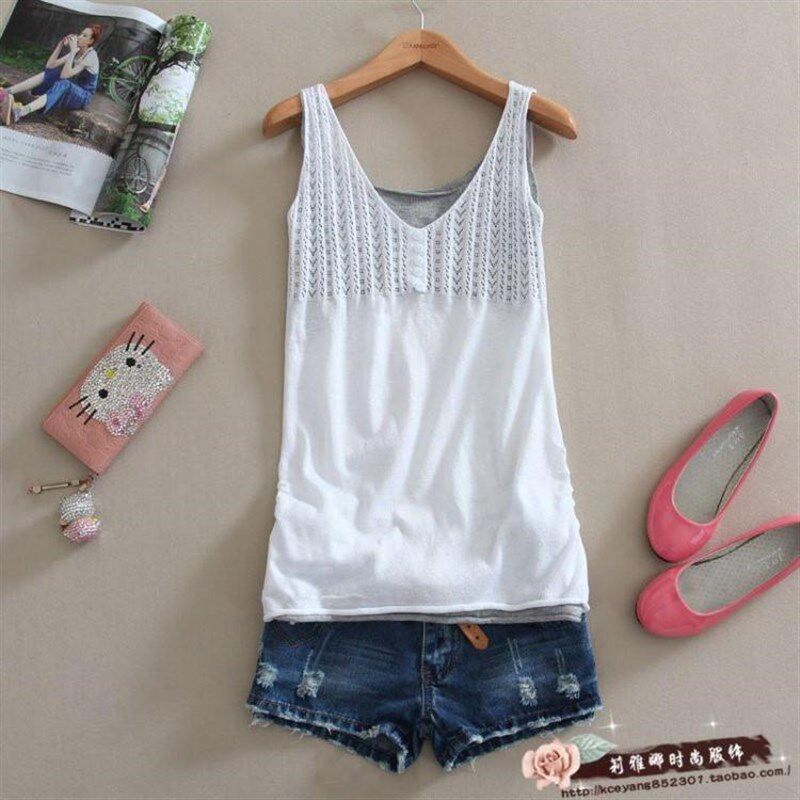 假两件白色大码女装镂空打底针织衫修身休闲棉麻吊带背心度假外套