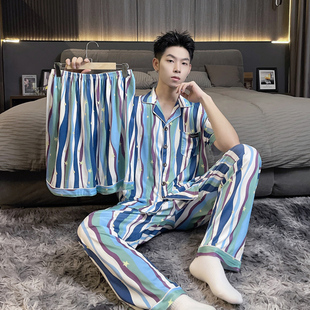 睡衣男士夏季冰丝短袖短裤三件套装青年大码加肥300X斤宽松家居服