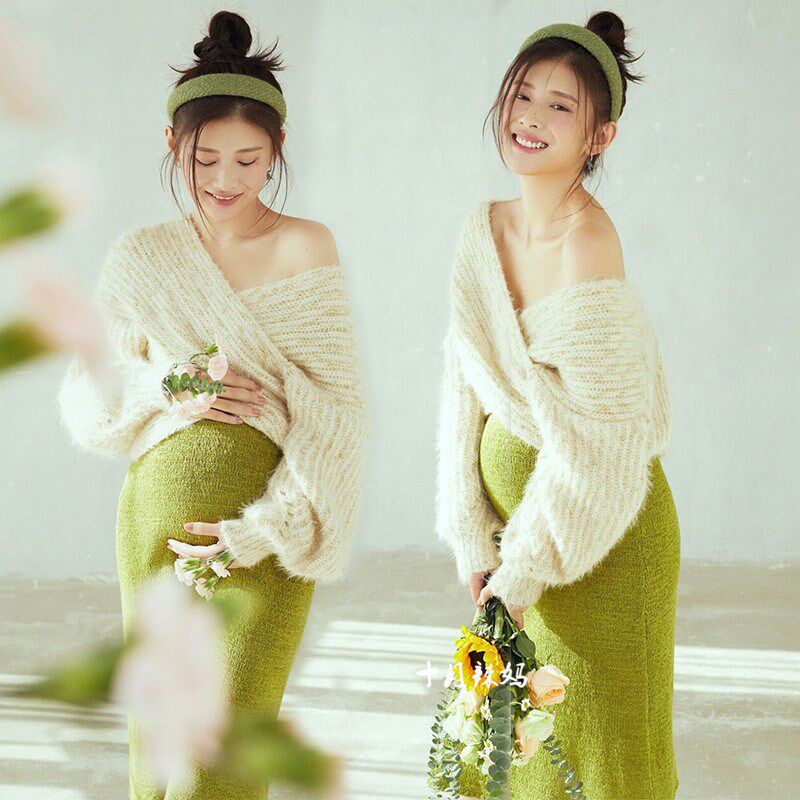 孕妇拍照服装影楼孕妈咪摄影私房写真艺术照片针织毛衣孕妇照服装