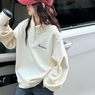 女童卫衣加绒加厚秋冬2024新款儿童宽松休闲半拉链一体绒童装上衣