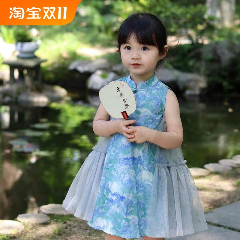 汉服女童旗袍洋气新中式小女孩连衣裙夏高级感民国风短袖无袖油画