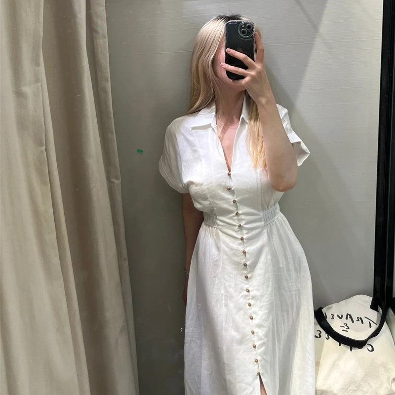 2024新品 ZA女装气质亚麻混纺短袖迷笛衬衣式连衣裙夏季 8351030