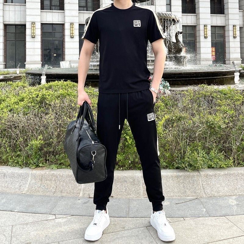 夏天男士套装拼接短袖长裤运动服休闲装薄款透气夏装两件套潮流男