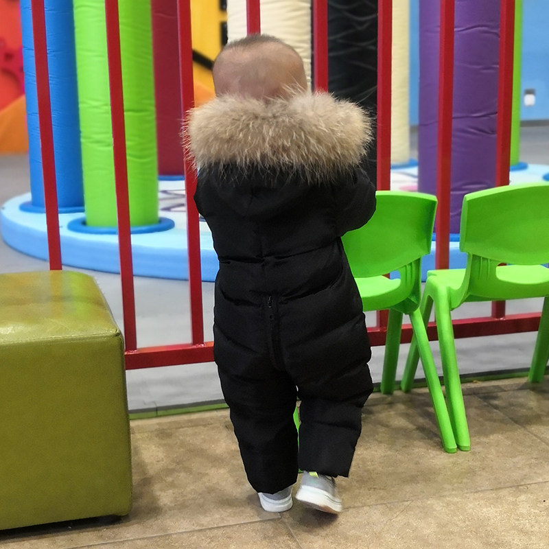宝宝连身羽绒服儿童大毛领羽绒婴儿连身服男童女童加厚连帽羽绒爬