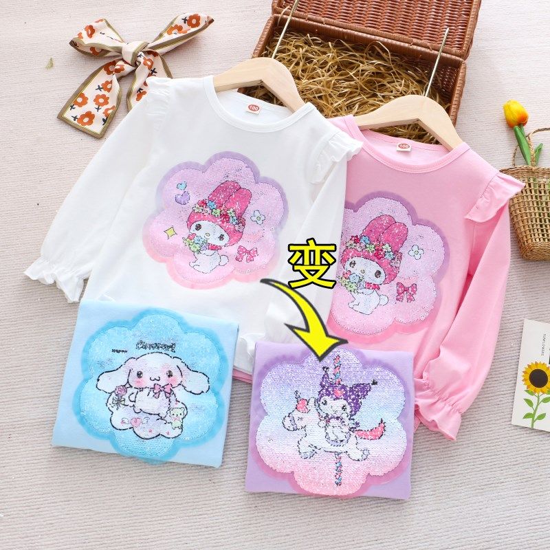 女童纯棉变色亮片长袖T恤 春秋款儿童装宝宝小女孩卡通上衣打底衫