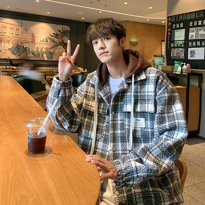 日系复古黑白格子毛呢外套男款秋冬季假两件连帽可拆卸衬衫式夹克