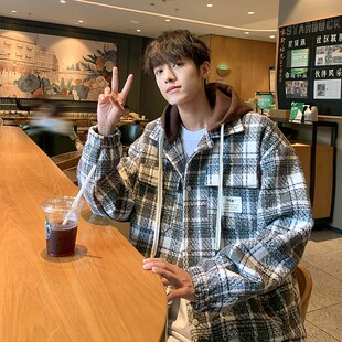 日系复古黑白格子毛呢外套男款秋冬季假两件连帽可拆卸衬衫式夹克