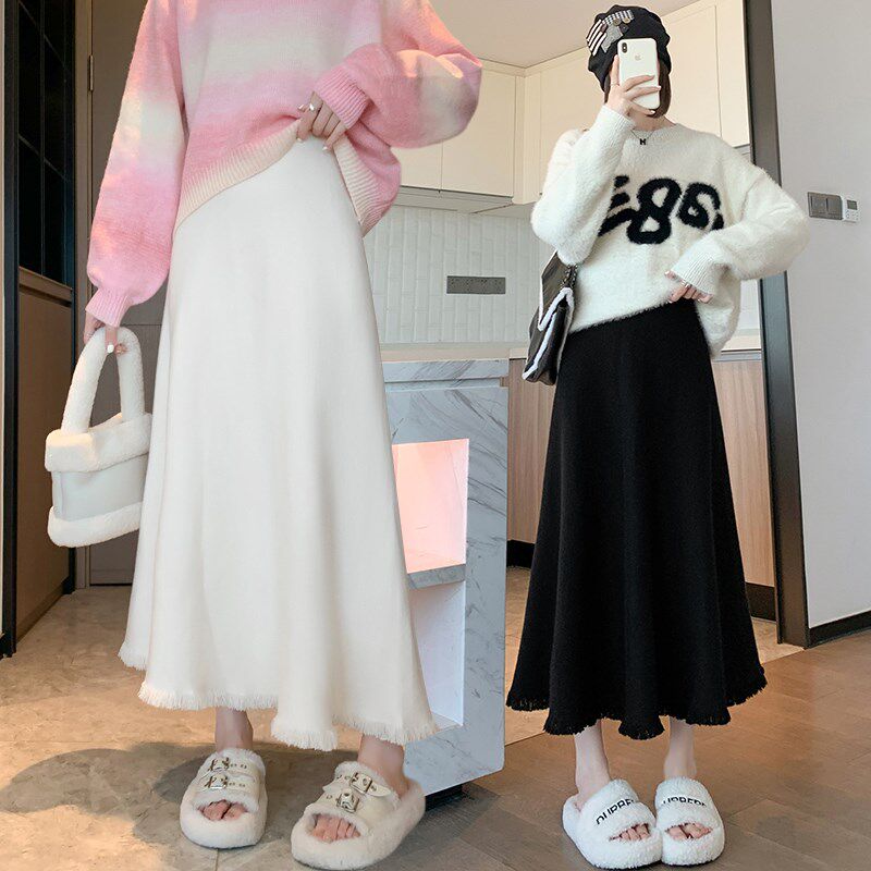 黑色加厚流苏毛线针织半身裙女秋冬天新款高腰垂感a字大摆中长裙