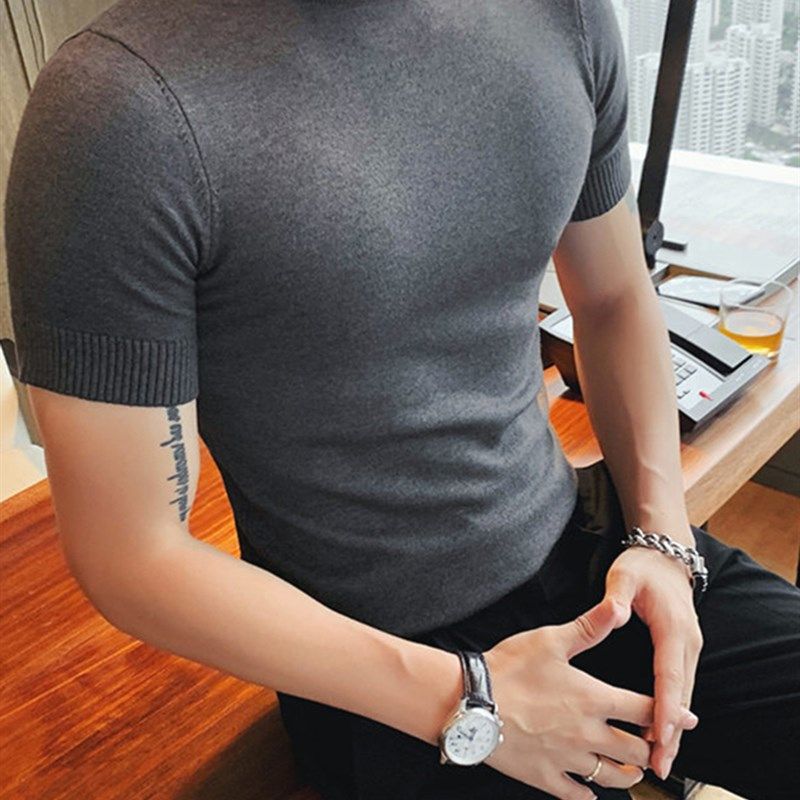 半高领冰丝针织衫男紧身弹力短袖亲肤透气修身型中领上衣商务休闲