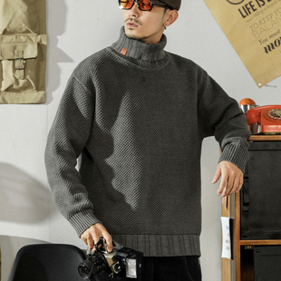 纯色复古长袖 宽松休闲针织衫 毛线衣男女 潮牌高领毛衣男秋冬季 美式