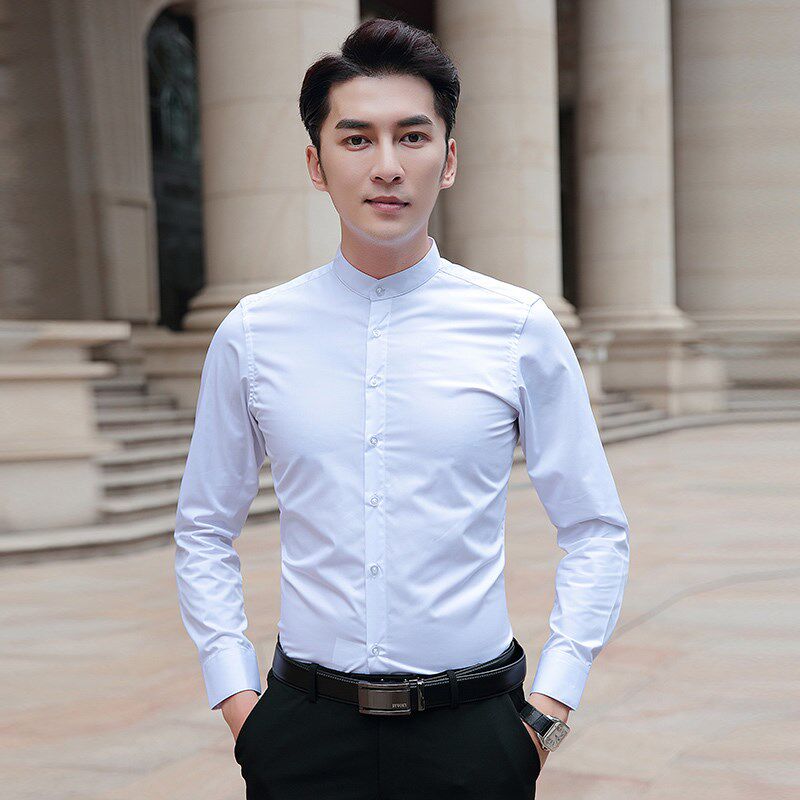 黑色立领衬衫男长袖夏季薄款上班大码村杉中山装韩版直圆竖领衬衣