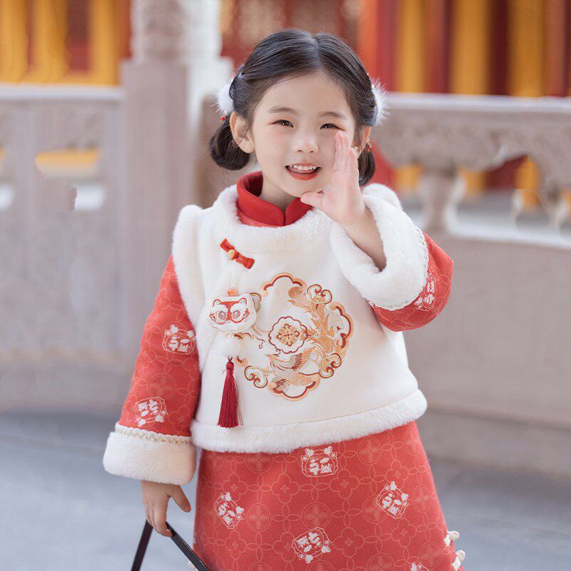 汉服女童冬装女孩加厚旗袍古装儿童宝宝中国风过年喜庆拜年服唐装